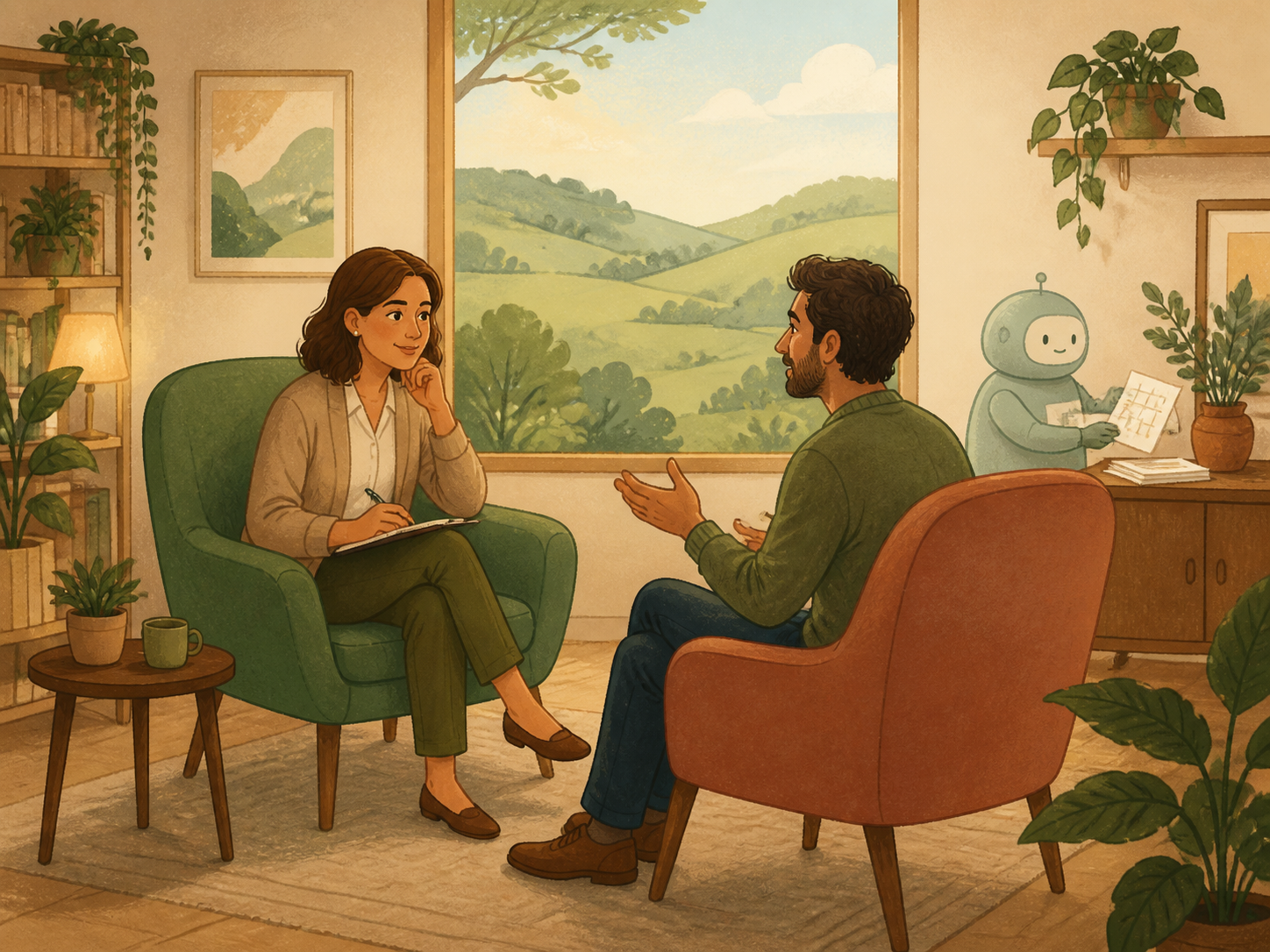 Illustrazione di una terapeuta e di un paziente durante una seduta, con un assistente digitale sullo sfondo.